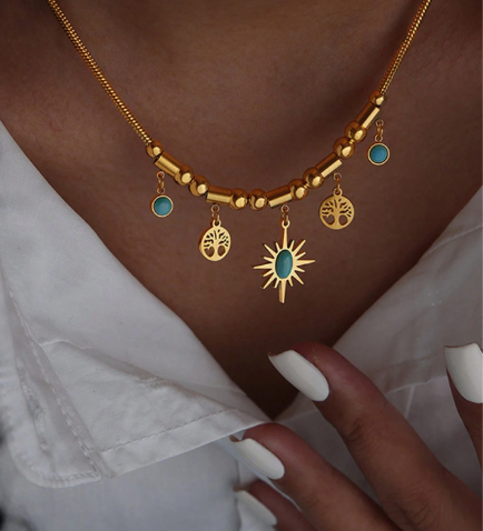 ❸❷🍁Elegante collar con colgante de piedra de arena azul romana chapado en oro de 18k y cadena de acero inoxidable para mujer, no se desvanece