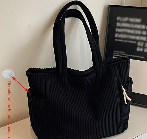 T❹❶💐1pc Bolso Tote de Pana Elegante y Casual con Cierre de Cremallera, Gran Capacidad Plegable Forrado en Poliéster