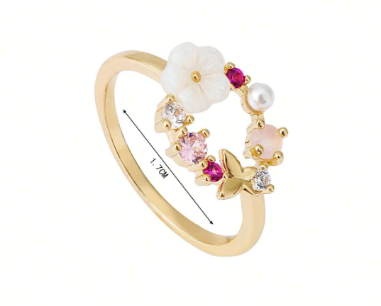 ❶❷🩷1 pieza Anillo de oro rosa real con diseño de mariposa y flor