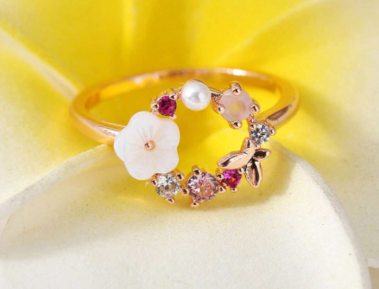 ❶❷🩷1 pieza Anillo de oro rosa real con diseño de mariposa y flor