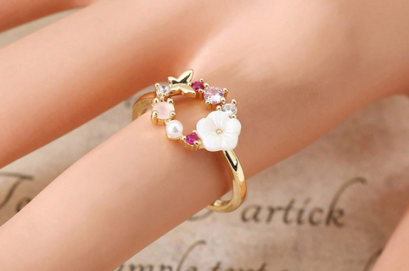 ❶❷🩷1 pieza Anillo de oro rosa real con diseño de mariposa y flor