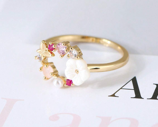 ❶❷💛1 pieza Anillo de oro rosa real con diseño de mariposa y flor