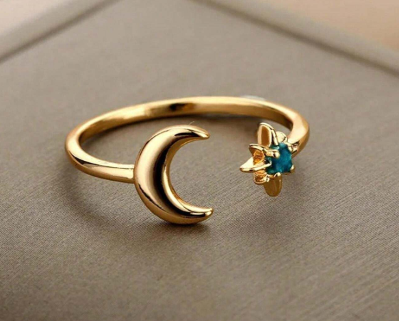 ❶❷🩷1 Pieza Anillo Abierto Con Estilo De Luna Y Estrella