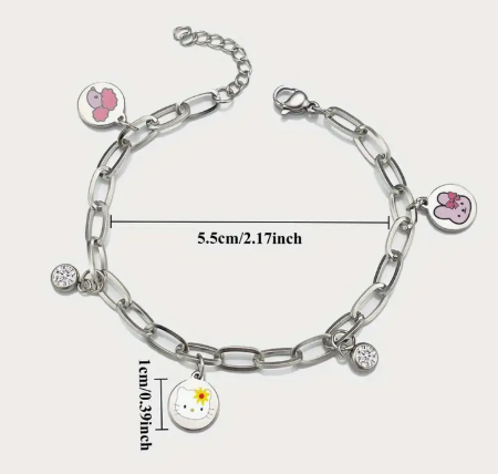 T❺❸💫Pulsera de Acero Inoxidable con Diamantes y Colgante de Gato KT