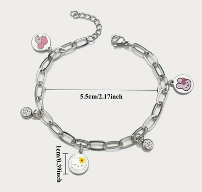 T❺❸💫Pulsera de Acero Inoxidable con Diamantes y Colgante de Gato KT
