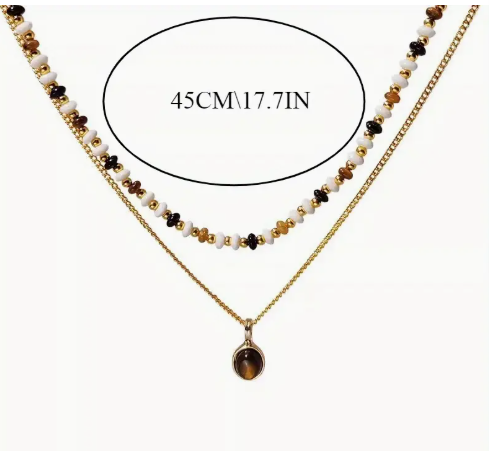 T❺❸💫Collar Vintage de Doble Capa con Cuentas y Colgante de Ojo de Tigre Natural