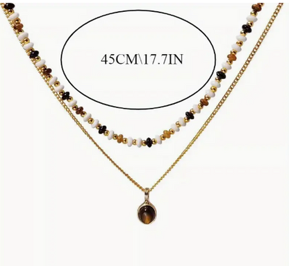 T❺❸💫Collar Vintage de Doble Capa con Cuentas y Colgante de Ojo de Tigre Natural