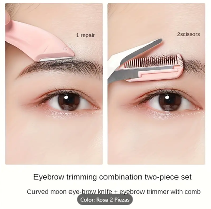 𝗧❶❾☘️Conjunto de tijeras premium para recortar cejas rosadas, 2 piezas, con diseño curvado y peine para un fácil recorte de cejas