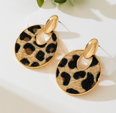 T❹❺🦋1 Par de Pendientes de Círculo Metálicos con Estampado de Leopardo y Estilo Vintage
