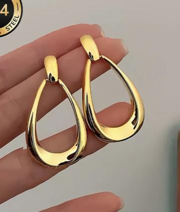 T❺❶🌻Arete de acero inoxidable hipoalergénico con forma de lágrima, bañado en oro de 18K