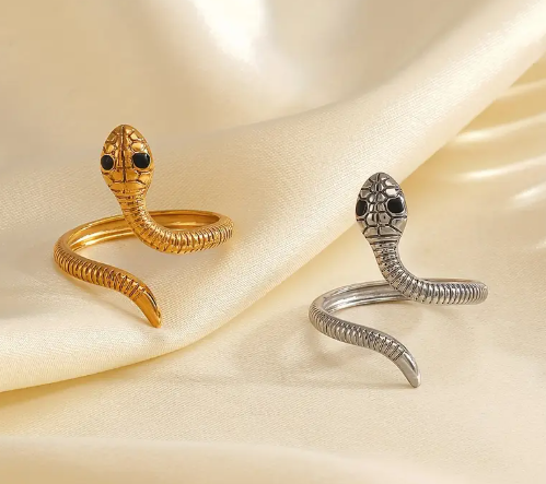 T❹❹🍂1 pieza de elegante anillo de serpiente ajustable de acero inoxidable