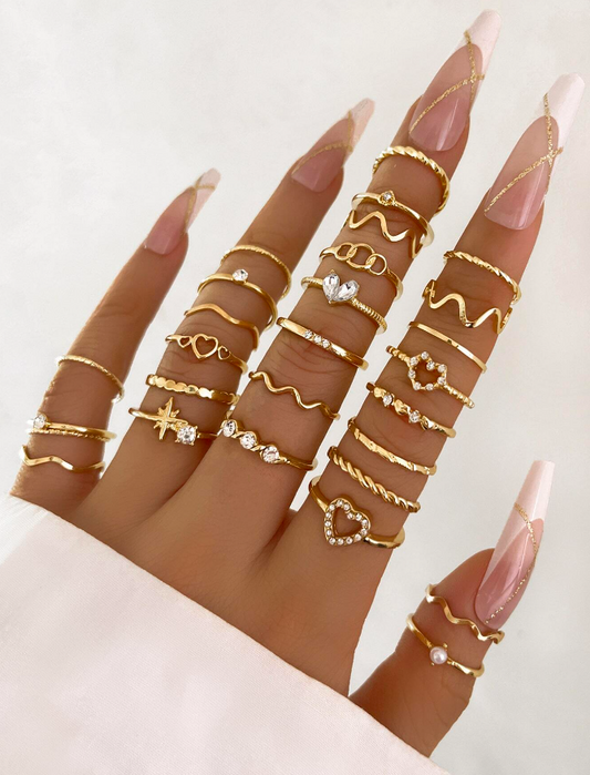 💚28 piezas/set set anillos de moda con diseño en forma de corazón, estilo geométrico y acento de elemento bohemio