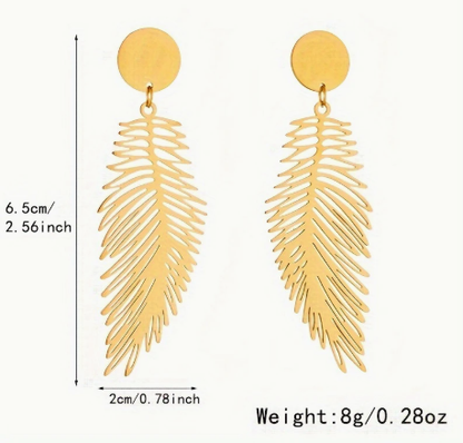 T❹❺🦋Pendientes Colgantes de Hoja de Acero Inoxidable en Tono Dorado Elegante