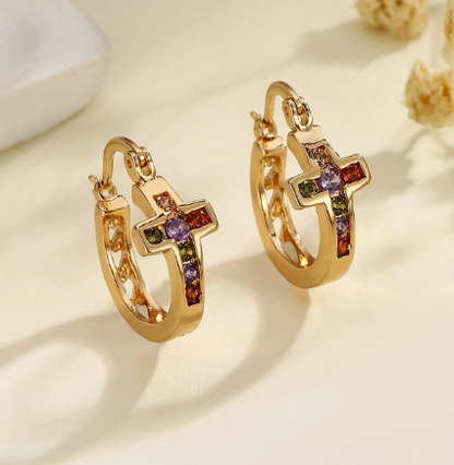 T❹❺🦋1 Par de Pendientes Elegantes de Cruz de Cobre con Circonita Cúbica Colorida