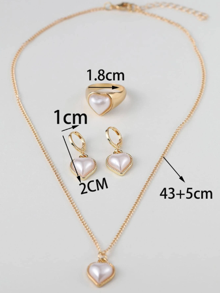 ❽❣️Conjunto De Joyas Decoradas En Forma De Corazón Con Perlas Sintéticas En Un Set De 4 Piezas