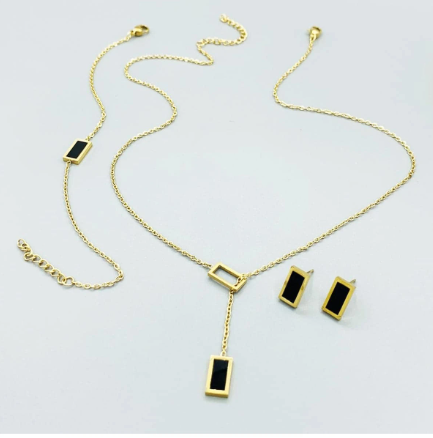 ❾☘️Conjunto de joyería de moda para mujer de 4 piezas con collar, pulsera y aretes de acero inoxidable con concha negra rectangular - Estilo de vacaciones bohemio, adecuado para cumpleaños, Navidad, Año Nuevo y otros festivales