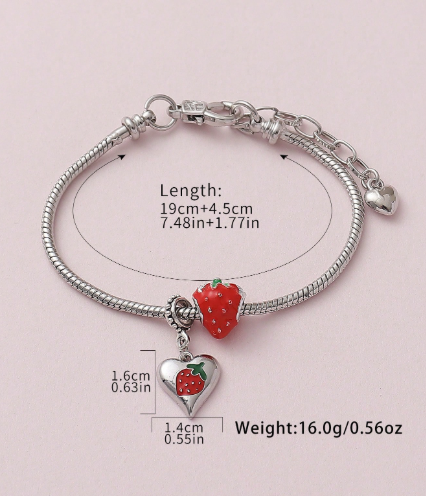 ❹❺🦋1 pieza Pulsera de cobre con cuentas y diseño de corazón con fresas pintadas de forma romántica, regalo para mujeres
