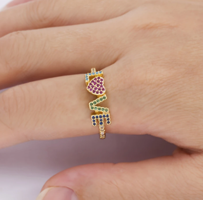 T❹❺🦋Anillo Ajustable de Carta de Amor Chapado en Oro con Circonita 3A Colorida