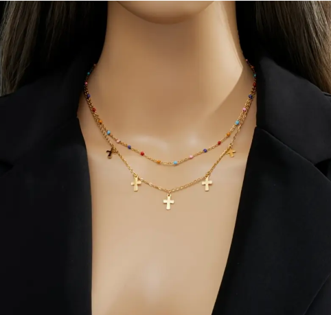 T❺❸💫Collar de doble capa con cruz dorada inspirada en Y2K y cuentas de colores