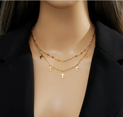 T❺❸💫Collar de doble capa con cruz dorada inspirada en Y2K y cuentas de colores