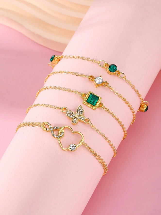 🌹5 piezas/set Estilo Europeo Y Americano De Moda Piedra Verde, Diamante Cuadrado, Diseño De Corazón Y Mariposa