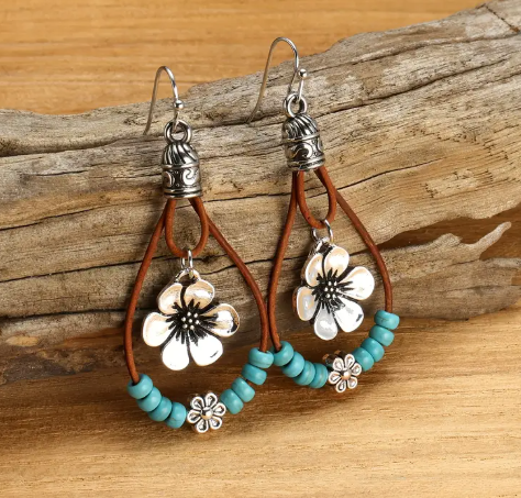 T❹❺🦋Estilo Bohemio 1 Par de Aleación de Flor de Ciruelo con Cuentas de Turquesa