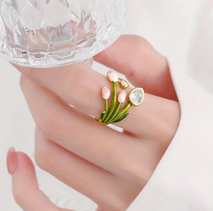T❹❺🦋Anillo de Esmalte Ajustable con Tulipán y Hoja para Mujer - Diseño Floral Dorado
