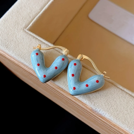 T❹❺🦋1 Par de Pendientes de Moda Coreana para San Valentín con Corazón y Lunares