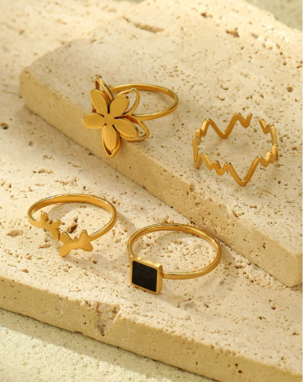 ❶❻💥4 piezas Set de anillos cuadrados con base negra de acero inoxidable dorado amarillo