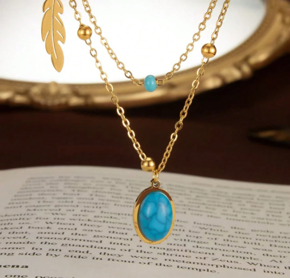 ❹❽🌻1 pieza Collar de acero inoxidable de capas con hoja de turquesa estilo vintage