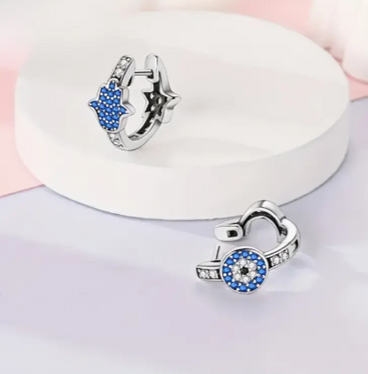 T❺❶🌻1 Par de Pendientes Creativos Ojo del Diablo y Palma Azul