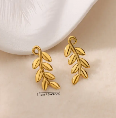 T❹❻🌹1 pza. Pendientes de hoja de árbol de acero inoxidable dorado elegante