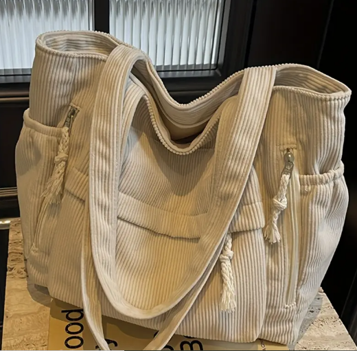 T❹❽🌻Vintage Bolso Tote de Pana de Gran Capacidad con Diseño de Doble Cremallera