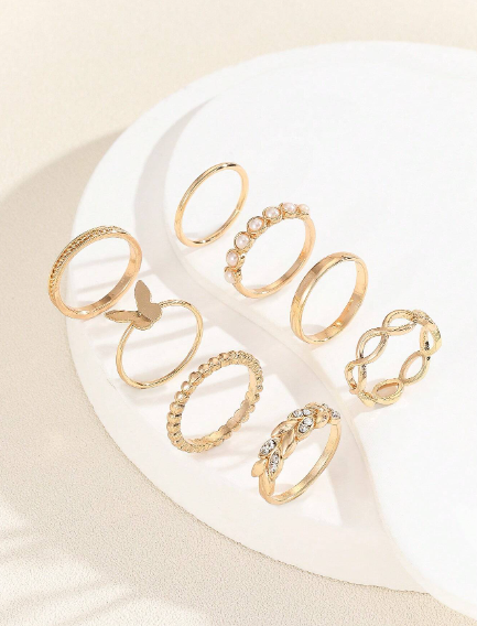 ❶❺🍄8 piezas Conjunto de anillos de moda minimalistas con mariposa y perla artificial en tono dorado para mujer