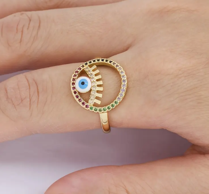 T❹❻🌹Nuevos anillos de zircón cúbico de suerte y ojo malo con arcoíris