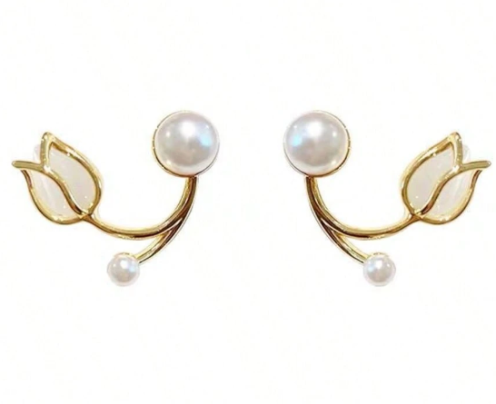 ❹❺🦋1 par de pendientes elegantes con diseño de perla en forma de tulipán