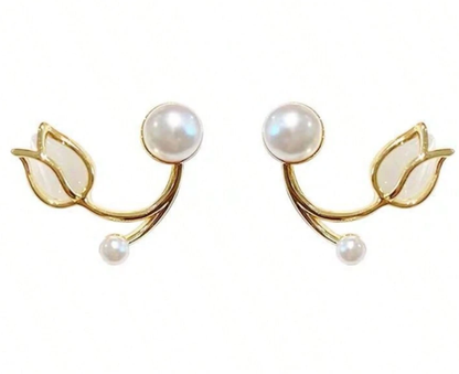 ❹❺🦋1 par de pendientes elegantes con diseño de perla en forma de tulipán
