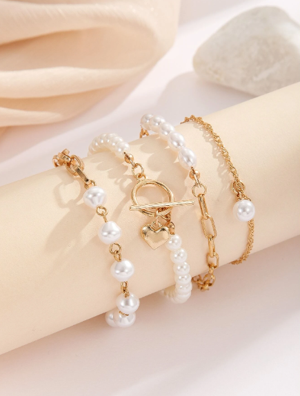 🍇4 Piezas Pulsera Con Dije De Corazón Y Perla