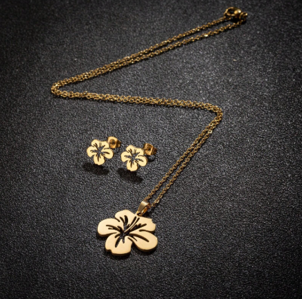 ❶❼🍂1 pieza Set de aretes y collar de flor pequeña y linda de acero inoxidable