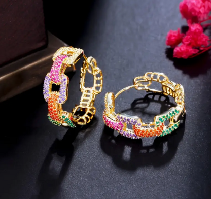 T❺❶🌻Conjunto de Pendientes de Aro con Cadena de Circonita Chic