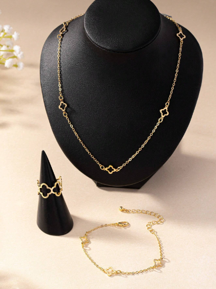 ❶❻💥Conjunto de joyería de metal elegante para damas, que incluye un collar, una pulsera y un anillo