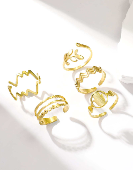 ❶❻💥5 piezas Set de anillo retro de acero inoxidable electrochapado abierto con con corazón