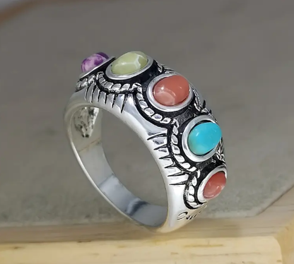 T❹❹🍂Anillo de aleación de zinc con incrustaciones de turquesa de estilo vintage para mujer