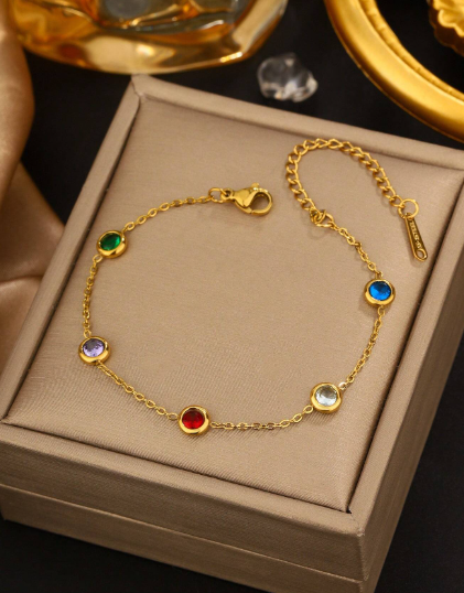 ❷❼😍1 pieza Pulsera con cadena de acero inoxidable chapada en oro de 18K con cuentas multicolores