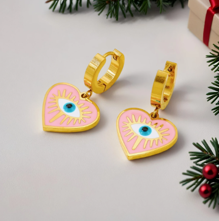 T❹❺🦋Arete de acero inoxidable con colgante en forma de corazón rosa turquesa