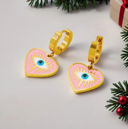 T❹❺🦋Arete de acero inoxidable con colgante en forma de corazón rosa turquesa