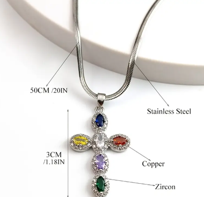 T❹❹🍂Collar Cruz de Zirconia Sintética Multi para Mujer, Joyería Religiosa en Acero Inoxidable