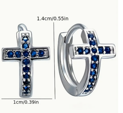T❺❶🌻Conjunto de Cruz Azul con Pendientes de Zirconia Azul, Pendientes Minimalistas