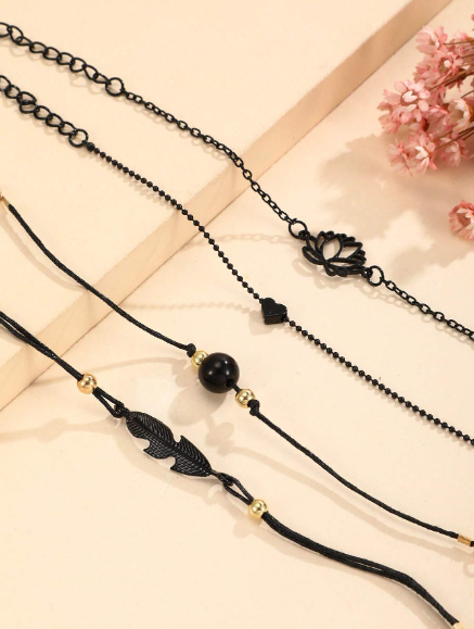 🍄 ❶❺❽❣️4 Piezas/set Conjunto De Pulsera Estilo Simple Con Cadena De Perlas Falsas Negras Y Trenza De Aleación, Decoración De Hojas, Corazón Y Flor Para Mujeres, Regalo Ideal Para Días Festivos