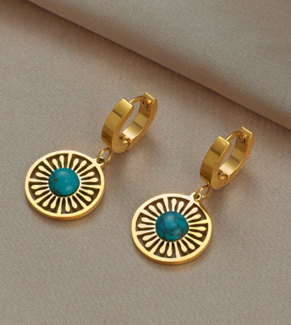 ❸❸💫Pendientes de flores de turquesa de acero inoxidable vintage, pendientes colgantes de moneda sol, regalos de joyas punk creativas para mujeres